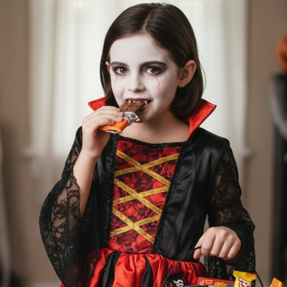 Kids Girl Vampire Costume Dress with Costume Ruby Necklace - Picture 1 of 8